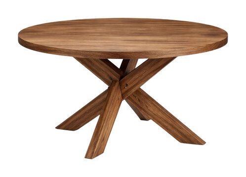 PNG Round wooden table with cross-leg design.