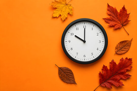 Autumn daylight savings time clock, fall leaves on orange background, seasonal time change concept for banner ads