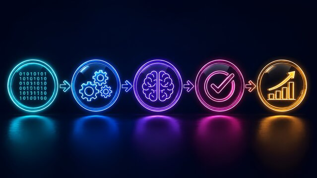 Sequence of glowing neon icons featuring binary code artificial intelligence brain and business growth