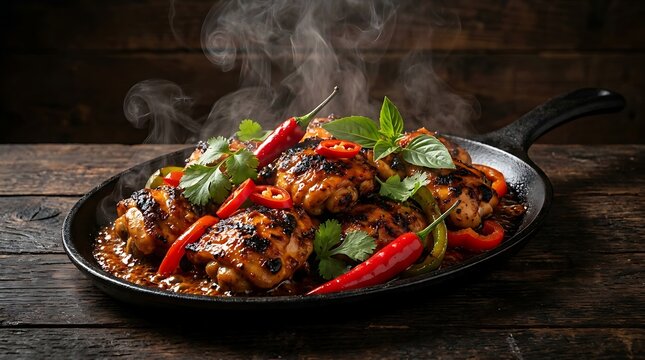 Spicy chicken stir fry with fresh red chili peppers and green herbs on a dark rustic wooden table. hot dish challenge