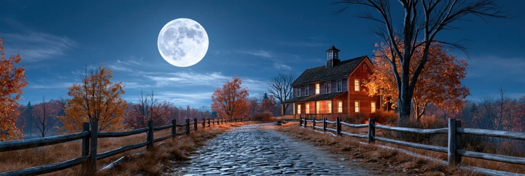 Cozy House on Cobblestone Road Under Full Moon in Autumn Night