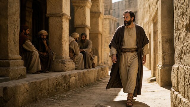 Man in biblical robe walks past group of men sitting near stone columns in ancient city street. Choosing righteous path and avoiding counsel of the wicked. Faith, wisdom and psalm concept.