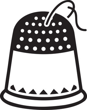 Vintage sewing thimble icon with needle and thread. Monochrome vector illustration of traditional needlework tool. Symbol for crafting and hobby.