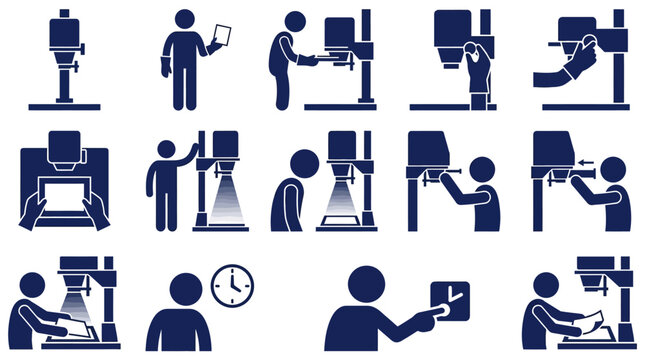 People operating photo enlarger and developing film icons