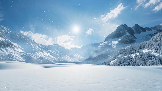 Snowy mountain landscape with bright sun, blue sky, and falling snow flakes