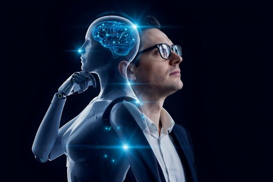 Man with glowing brain and cybernetic enhancements futuristic technology concept artificial intelligence and the future of human evolution