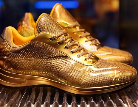golden shiny sports cleats on display