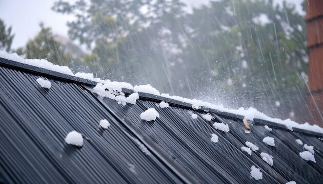 hail falling on a dark metal roof during a severe storm