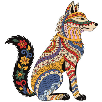Ornate zentangle fox illustration. Stylized ethnic wolf with colorful mandalas and floral patterns for adult coloring book or textile design.