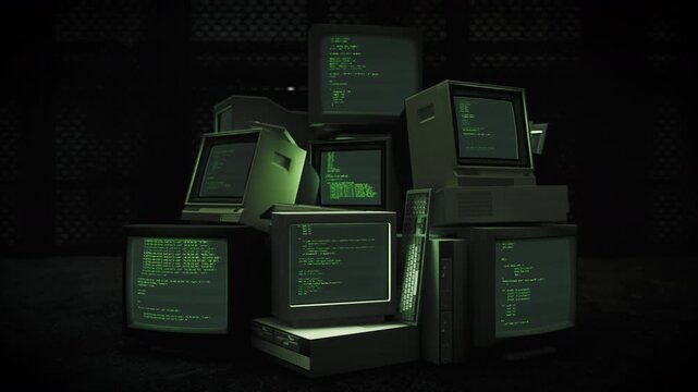 3Dアニメーション　打ち捨てられた古いPCの山　架空のコード表示　定点ループ