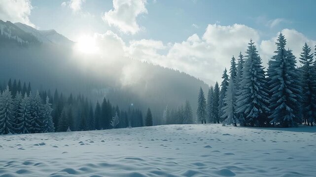 Snowy meadow with pine trees and sunbeams breaking through clouds in winter