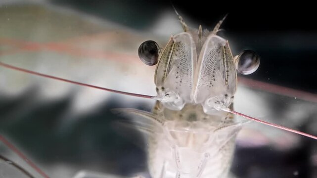 4K macro closeup underwater footage of live translucent whiteleg shrimp swimming gracefully against a pure black background