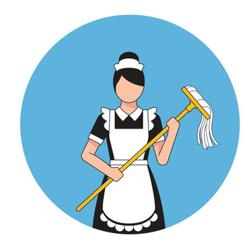 Professional maid character holding a mop, wearing a classic uniform with an apron and headpiece, vector illustration representing cleaning services and housekeeping concept