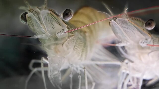 4K macro closeup underwater footage of live translucent whiteleg shrimp swimming gracefully against a pure black background
