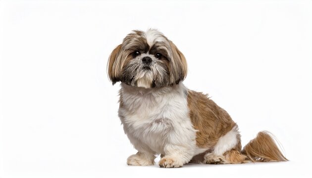 shih tzu dog sitting down and looking front isolated on white background