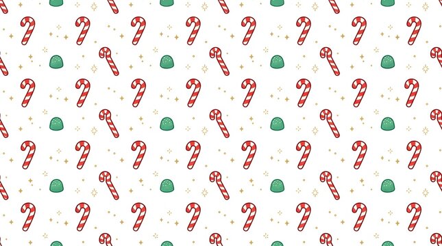 Sweet Christmas seamless pattern featuring candy canes, peppermint sweets, and gumdrops on a white background for holiday treats theme.