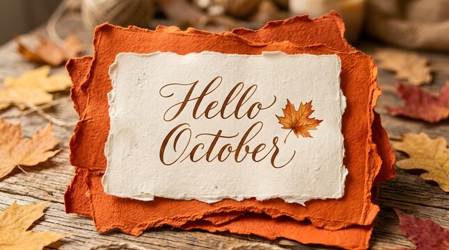 Hello october greeting card on handmade textured paper with a maple leaf, placed on a rustic wooden background with scattered autumn leaves
