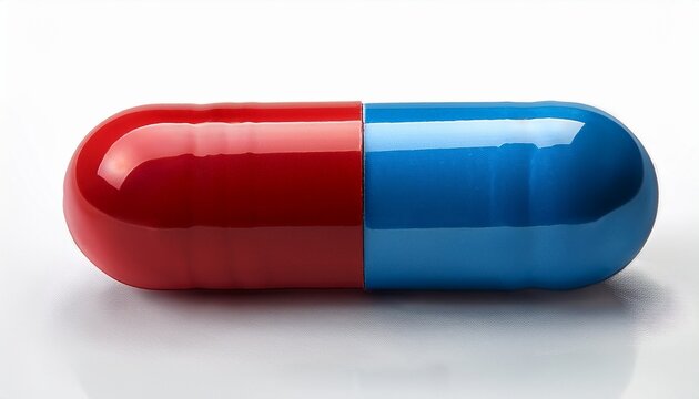 two pills one red and one blue are placed on a white surface