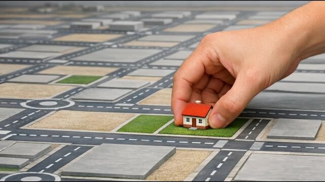 A person holding a small toy house on a map, suitable for illustrations, presentations, and more