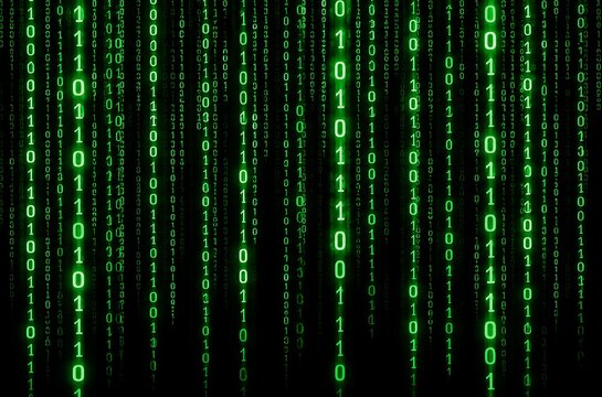 Abstract digital background featuring glowing green binary code raining down on a dark screen representing data stream and computer technology