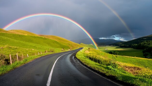 wet asphalt road curves through rolling green hills under a double rainbow