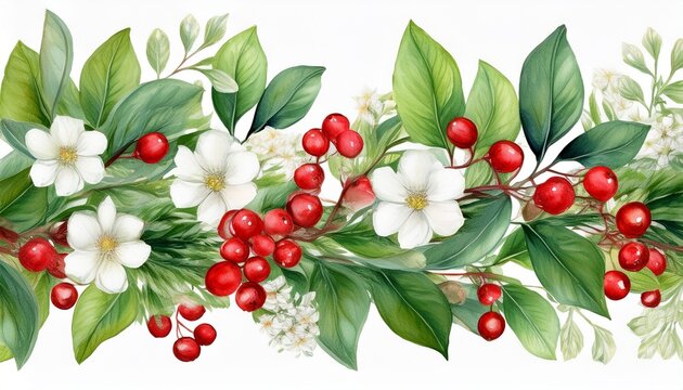 watercolor seamless border of red berries green leaves and white flowers on a branch