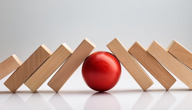wooden blocks toppling one red sphere preventing collapse on a white surface