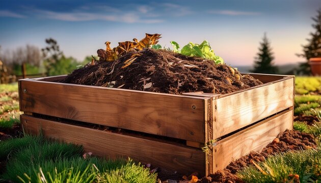 wooden box filled with compost or mulch