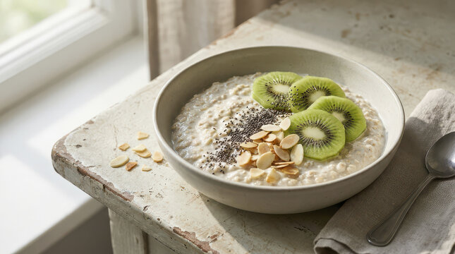 Creamy oatmeal topped with fresh kiwi slices, chia seeds, and almond flakes creates high protein high fiber meal