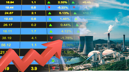 Nuclear power plant with cooling towers and reactor containment domes, financial index, upward arrow trend, business revenue growth, nuclear energy sector investment, uranium market price fluctuation © le