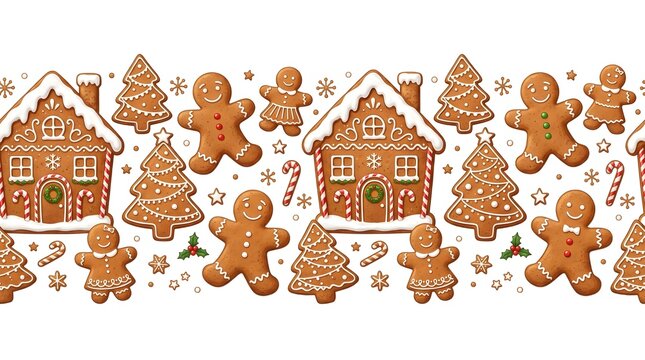 Festive gingerbread cookies border pattern with gingerbread man and houses for Christmas bakery and holiday packaging design.