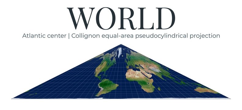 World Map. Collignon equal-area pseudocylindrical projection. High detail physical map of the Earth with relief. Atlantic center rotation at lat 0 lon -30.