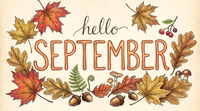 Hand drawn illustration of autumn leaves, acorns and mushrooms with hello september lettering