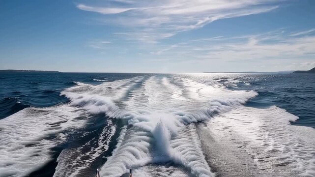 Tracking shot of boat wake churning across open sea as vessel speeds toward distant coastline under clear sky. bright daytime marine travel scene
