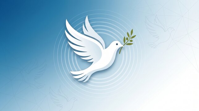 White peace dove with olive branch, flying bird symbol of hope and freedom, blue gradient background with paper cut style