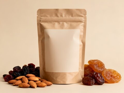 Kraft paper pouch mockup with almonds and dried fruits on neutral background for snack packaging presentation