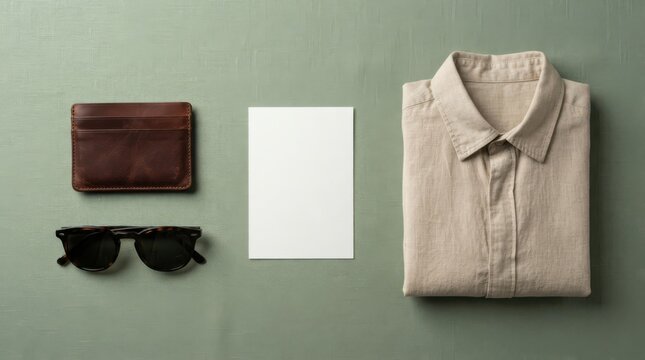 Minimalist flat lay with mens fashion items including beige linen shirt, brown leather wallet, sunglasses, and a blank white card on green background