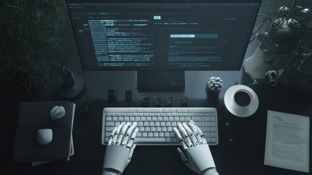 Robotic hands typing code on a computer keyboard in a dark office