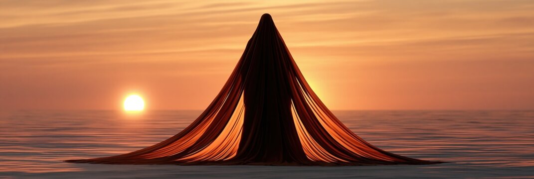 Mysterious figure draped in fabric on calm ocean at sunset