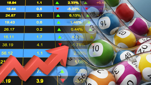 Bingo lottery balls rolling down a transparent chute overlaid with a financial index chart, an upward red arrow trend, market gambling behavior, speculation in the financial sector, economic lottery