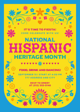 Hispanic Heritage Month Party Invitation template, 
Vector printable floral border background, September 15 - October 15
