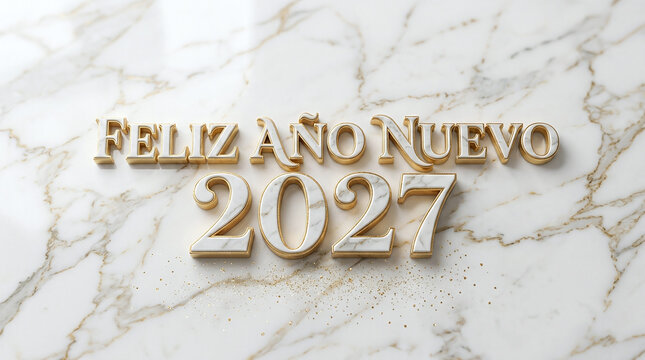 Feliz ano nuevo 2027 gold text typography on a white marble background surface