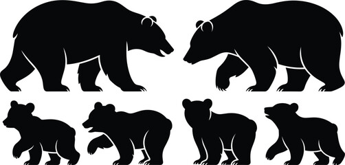 A set of black silhouettes featuring two large grizzly bears and four small bear cubs in various walking and standing poses, isolated on a white background © Narul766