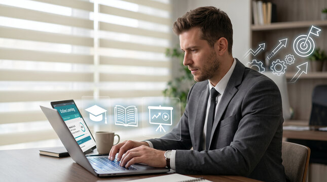 Man in suit using laptop showing online learning progress, symbolizing education, career growth, and digital advancement