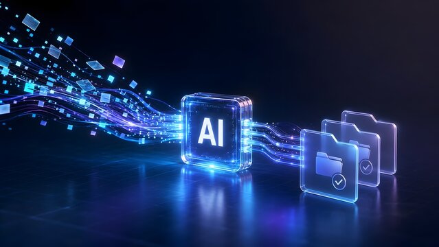 Artificial intelligence processor organizing digital files into validated folders through glowing data streams