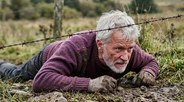 Senior man crawling on ground under barbed wire fence. Mature male navigating rugged terrain in rural field