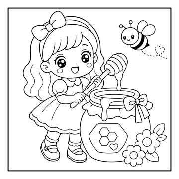 Cute coloring page illustration featuring a happy little girl holding a honey dipper beside a large jar with bees