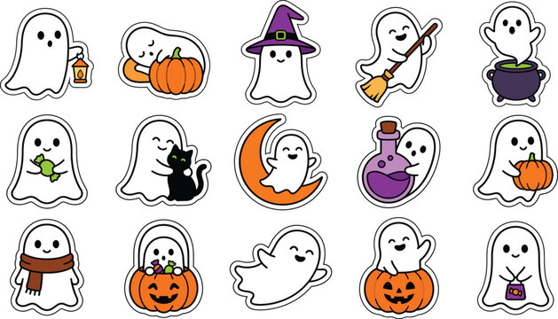 Cute ghost characters Halloween stickers
