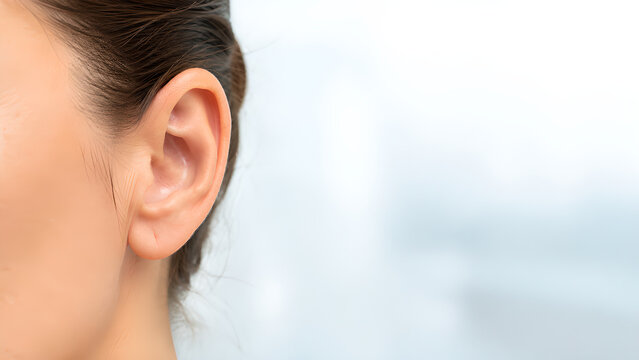 Human ear anatomy medical website banner with realistic outer and inner ear structures, clean clinical copy space for audiology, healthcare education, patient information, and hearing care design
