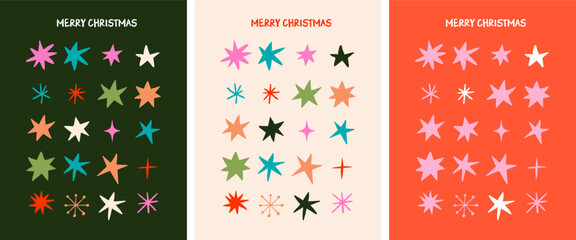 Fototapeta na wymiar Colorful hand drawn Merry Christmas background. Greeting card and poster vector templates with decorative grid made from stars and snowflakes doodles